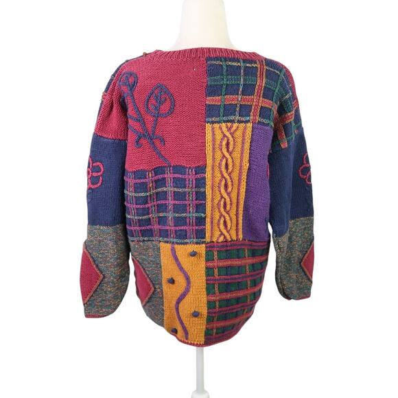 Vintage 90s Casual Elements purple yellow plaid patchwork sweater S - Picture 4 of 6